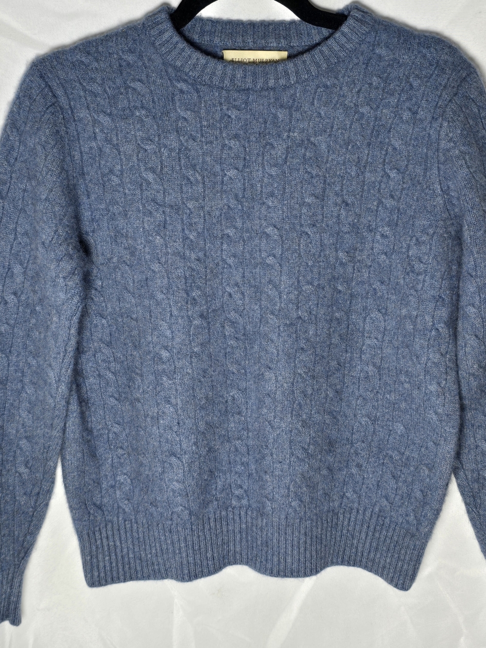 Elliot Mulryan 100% 2 Ply Cashmere Classic Cable-Knit Crewneck Sweater - Blue, M